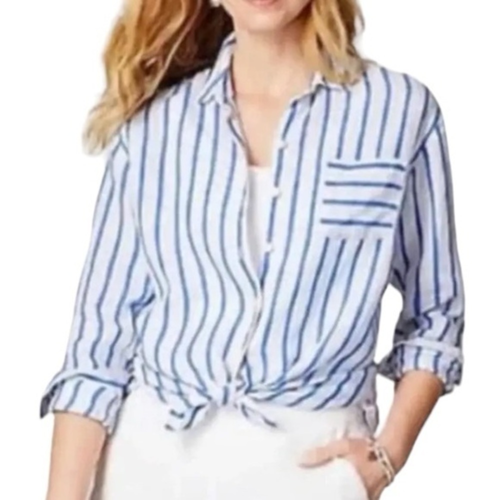 J Jill Love Linen Shirt Blouse Blue White Long Sleeve Stripe Size 1X EUC #0519OC